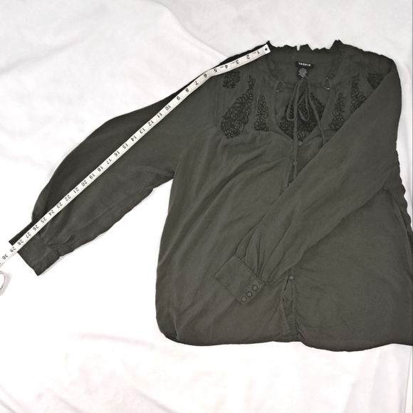 TORRID Green Challis Tie Front Top with Paisley Embroidery - Picture 9 of 14